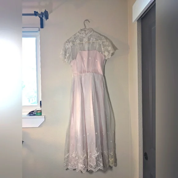 Vintage Dresses | Vintage Long Pink Slip Dress W/ White Lace Overlay, Embroidery, Size S | Color: Pink/White | Size: S | Krisakouture's Closet